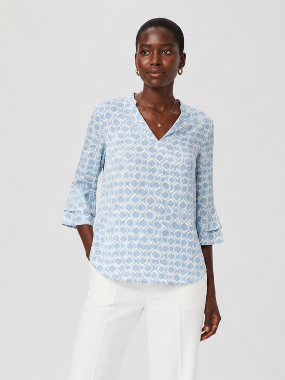 41 Hawthorn Light Blue Geometric Bell-Sleeve Blouse